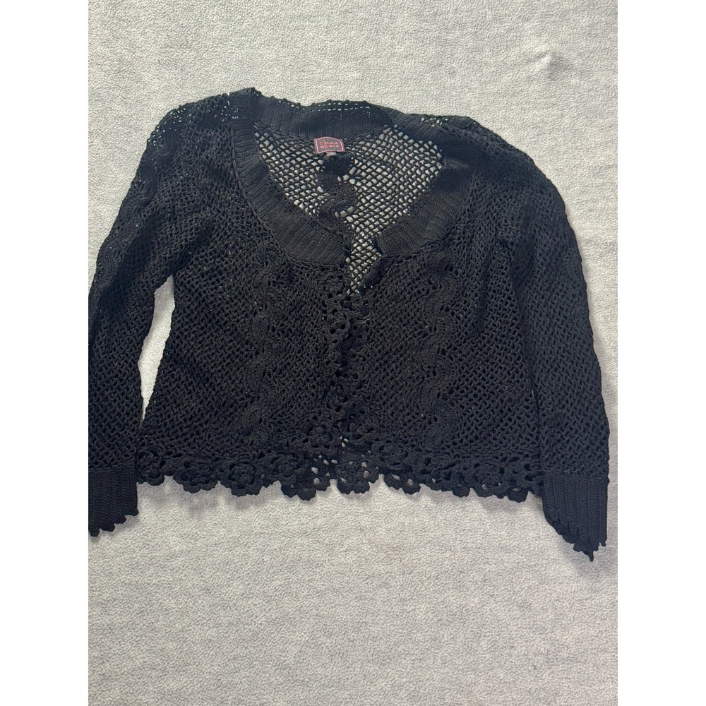 Colour Works Black Crochet Knit Cardigan Sweater Scalloped Hem Size M